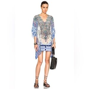 Camilla Blue White multicolor bejeweled Rainbow warrior Kaftan mini dress OS NWT